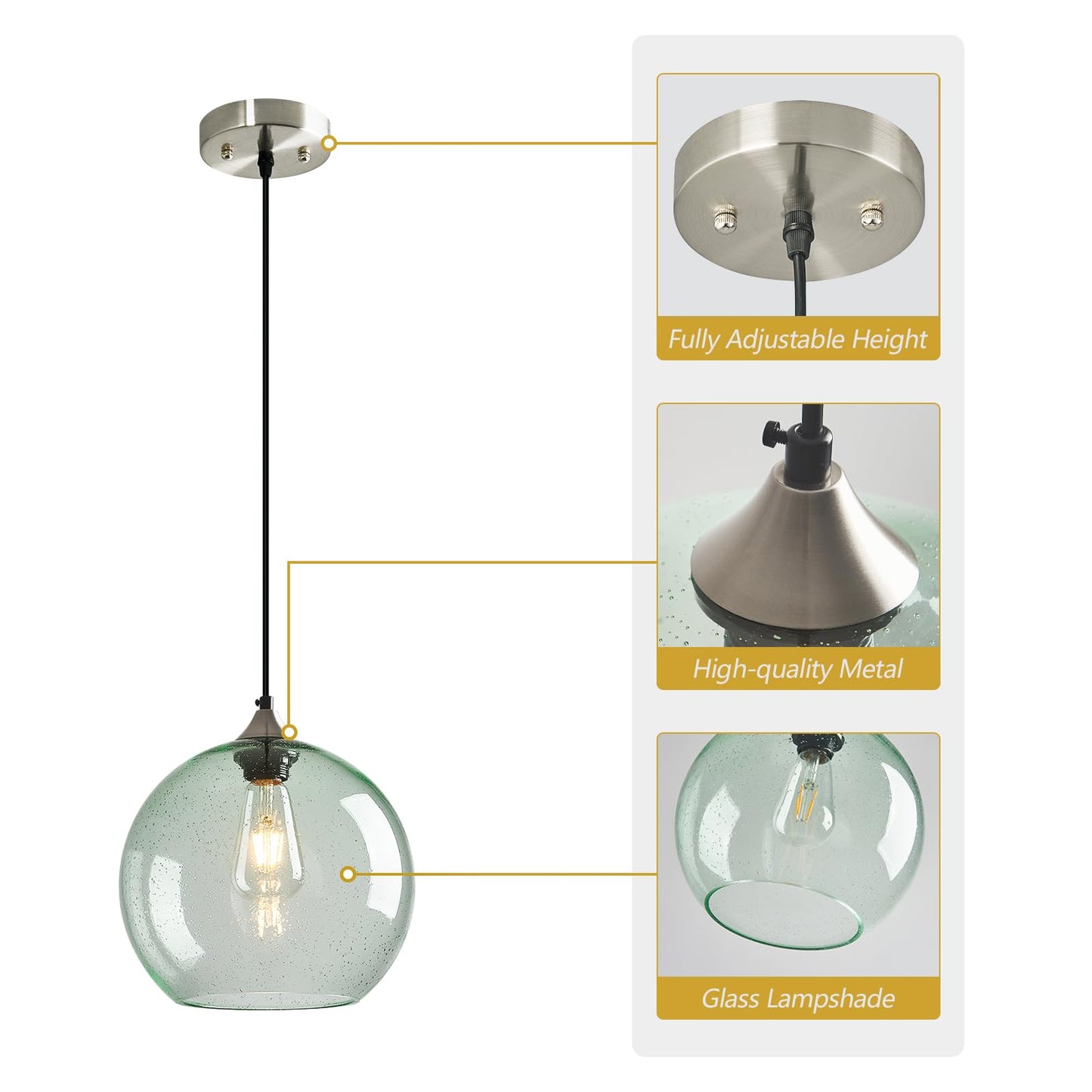 Lbsqj Light Green Glass Pendant Lights Kitchen Island Globe Pendant Light Fixtures Modern Pendant Lighting For Bedroom Living Dining Room Light Fixture (9.84 In 1 Pack)