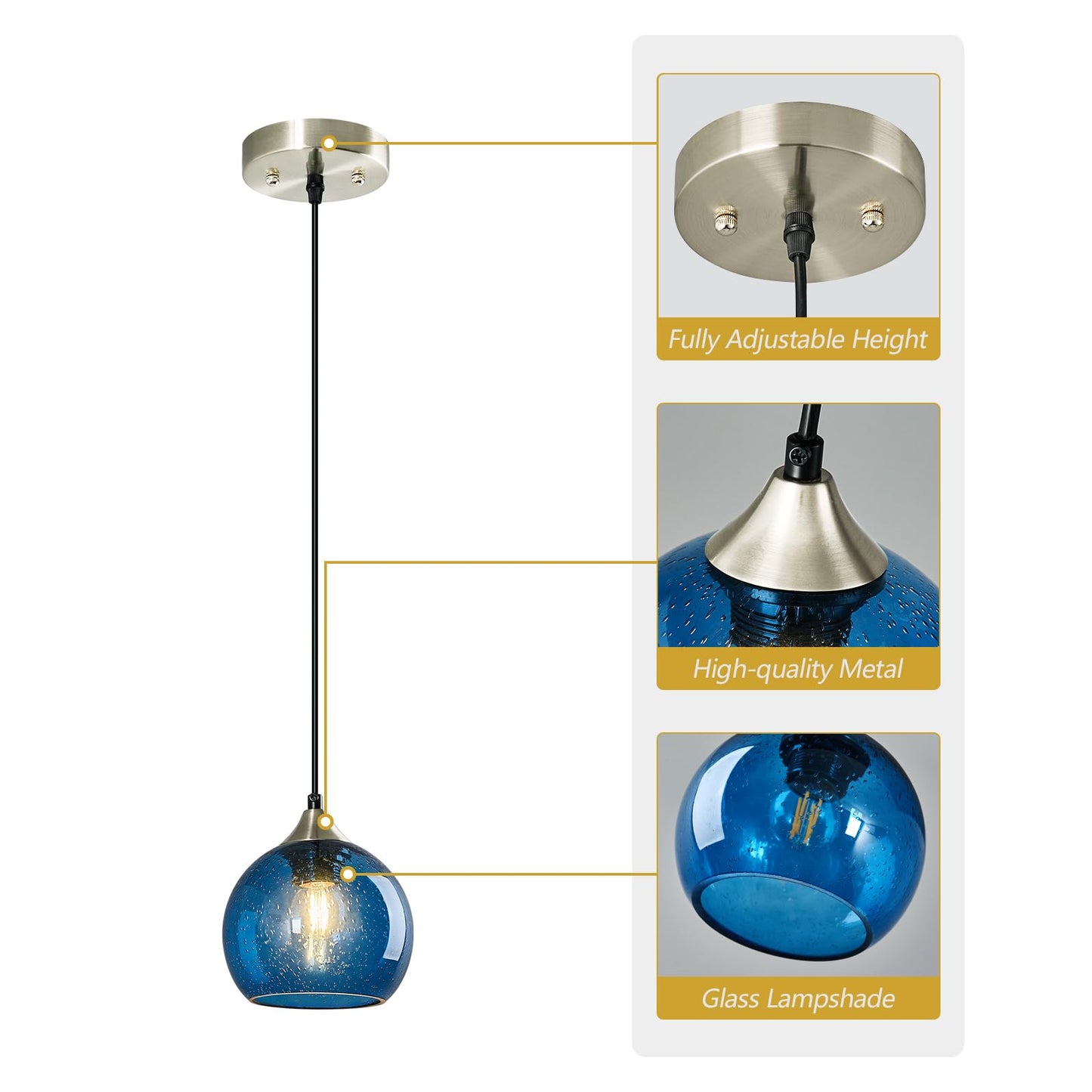 Lbsqj Blue Glass Pendant Lights Kitchen Island Lighting Globe Pendant Light Fixtures Modern Pendant Lighting For Kitchen Island Bedroom Living Dining Room Light Fixture(5.9In 1-Pack)