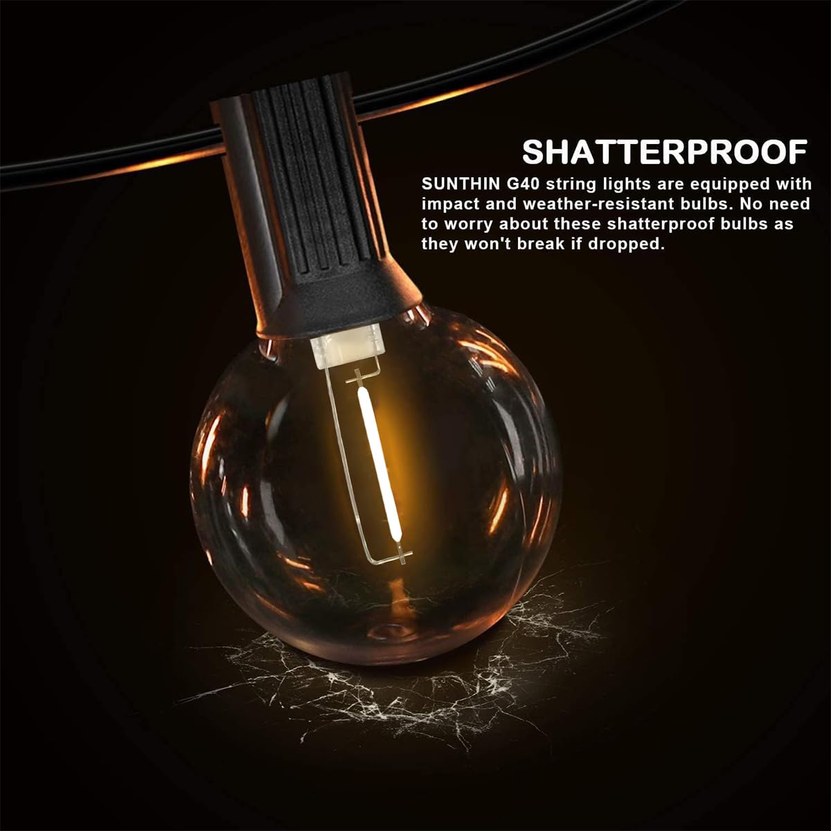 SUNTHIN Outdoor String Lights, 48FT Waterproof Patio Lights with 25 G40 LED Bulbs, Black Shatterproof for Backyard, Porch, Party, Garden