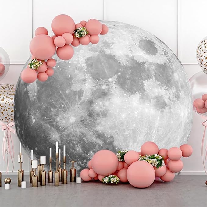 AOFOTO Lunar Surface Round Backdrop Outer Space Moon Happy Birthday Circle Background Cover Boy Girl 1st Birthday Party Children Kids Shoots Studio Props Network Celebrity Live Background 6.5x6.5ft