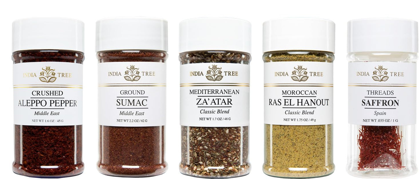 India Tree Mediterranean Spice Gift Pack - Aleppo Pepper Sumac Zaatar Ras El Hanout and Saffron - 7.37 Ounces Total