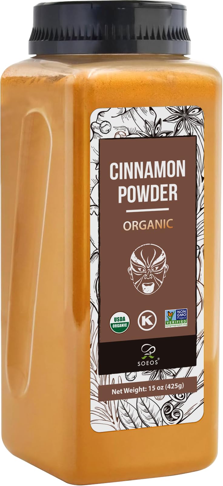 Soeos Cinnamon Powder Organic 15 Ounce (425g) Bottle Ground Cinnamon Powder USDA Non-GMO and Kosher Certified Seasoning Spice for Tea Coffee Baking Desserts Cooking and Beverages
