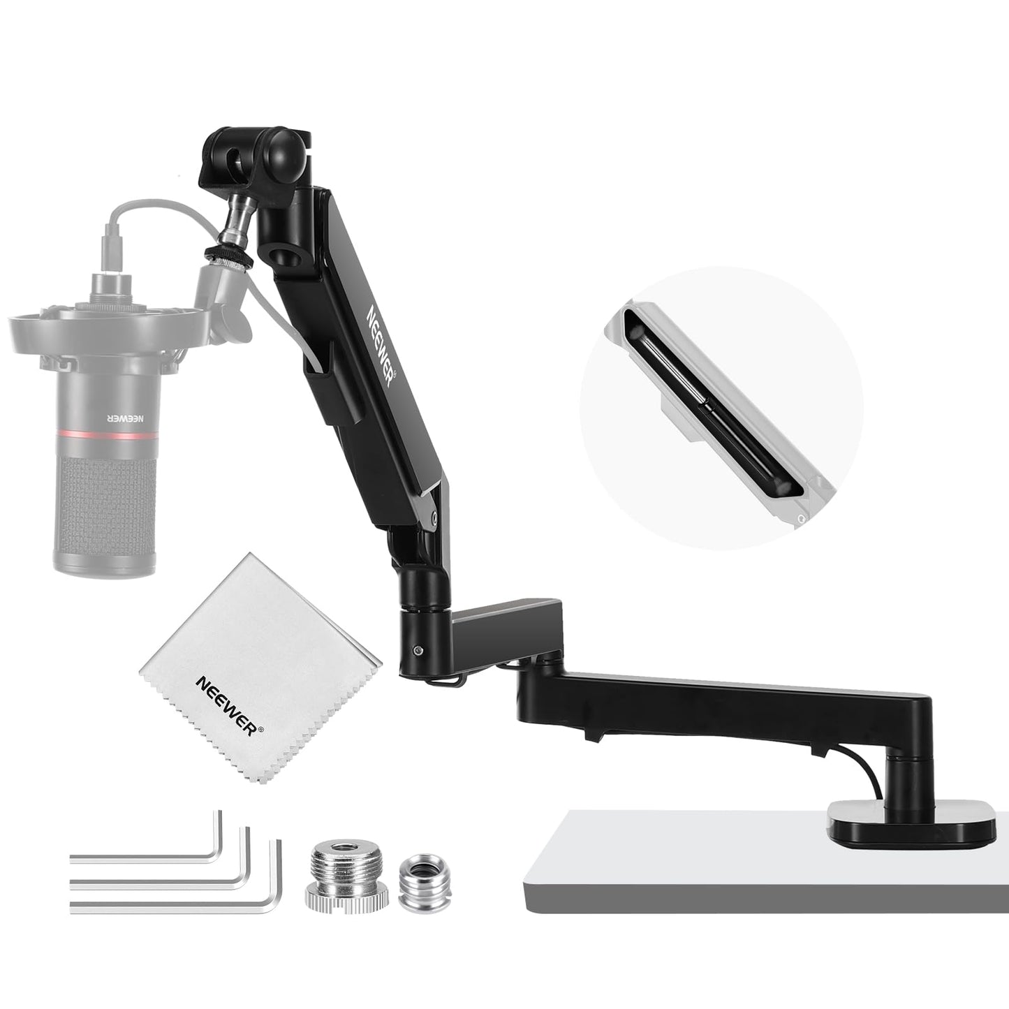 NEEWER MS002 Low Profile Desk Mic Boom Arm Stand with 360 Swivel Adjustable Pneumatic Damping Cable Management Cleaning Cloth, D