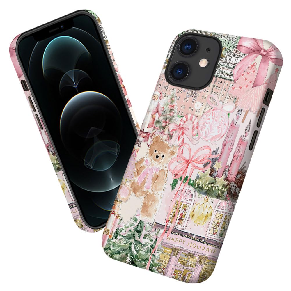 Case for iPhone 12,Pink Tree Christmas Holiday Phone Case Military-Grade Drop Protection Cover for Women Girl - Frosted