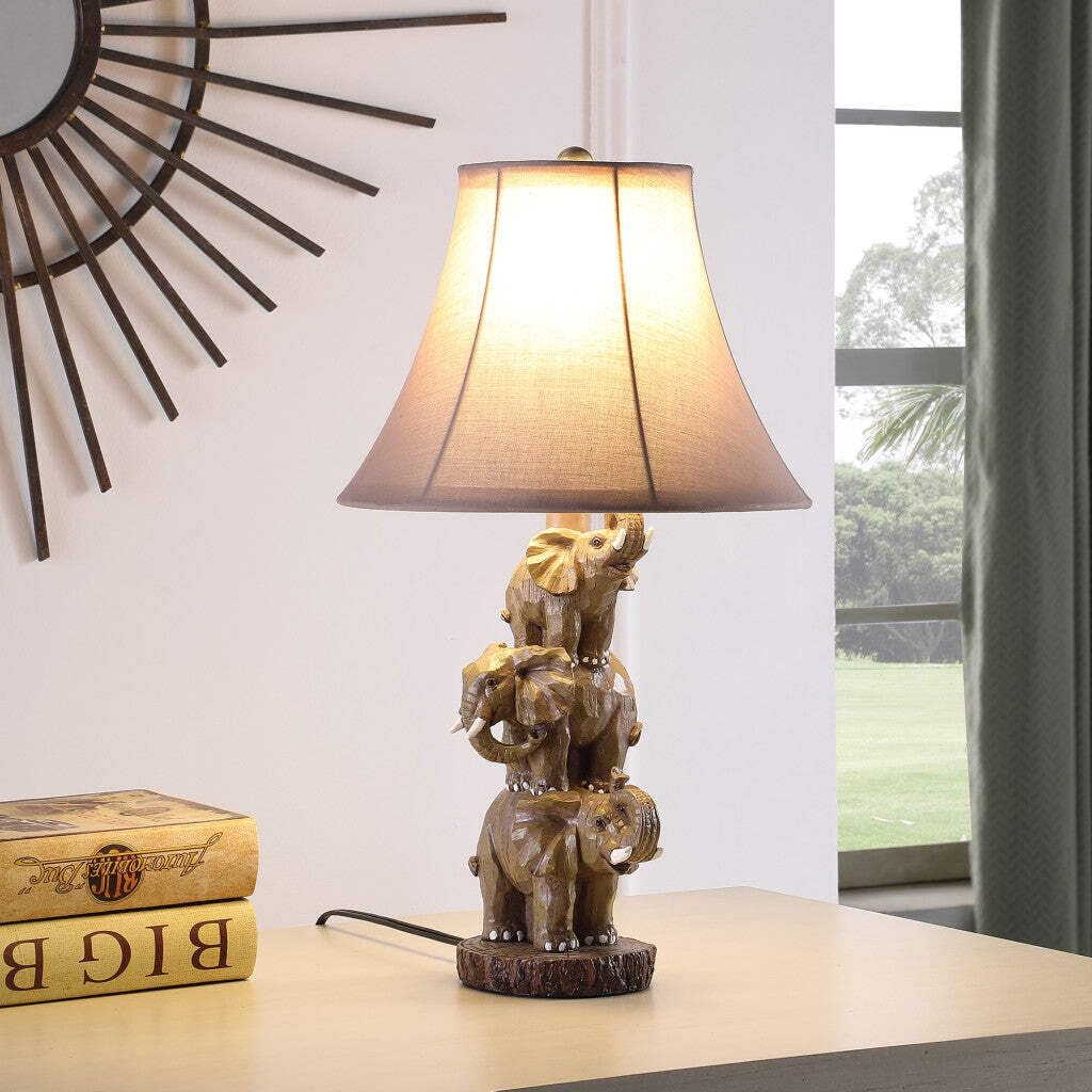 HomeRoots Elephant Trio Table Lamp with Brown Bell Shade, 21 x 11.75 x 11.75 in, Model 524261