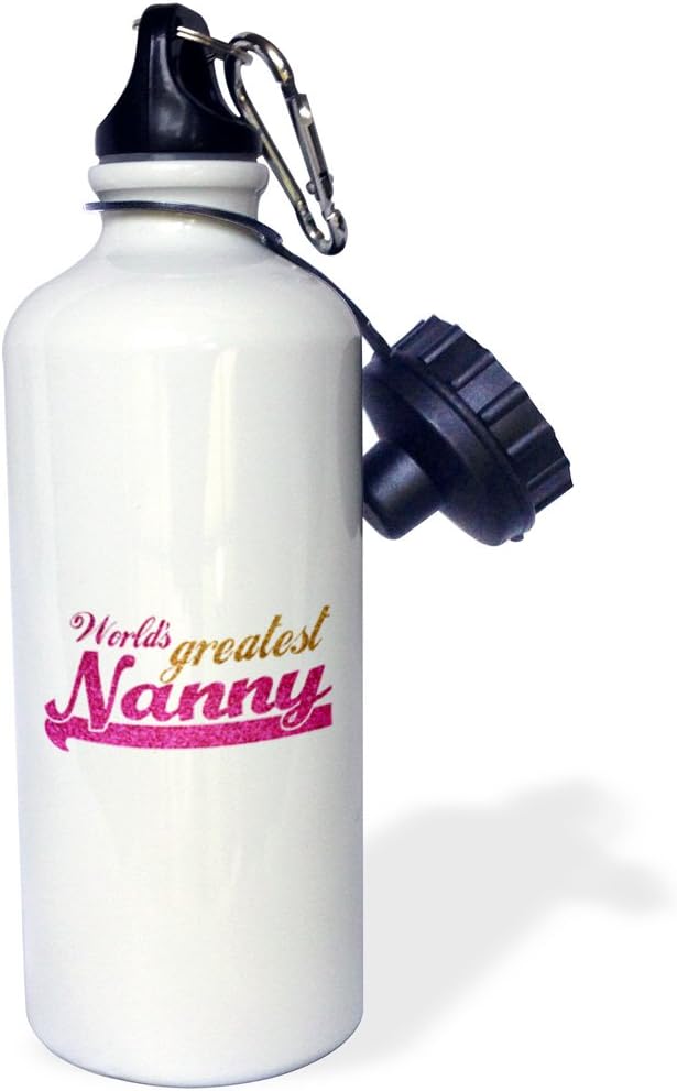 3dRose "Worlds Greatest Nanny-pink and gold text-gifts for nannies or for grandmothers nicknamed nanny" Sports Water Bottle, 21 oz, White