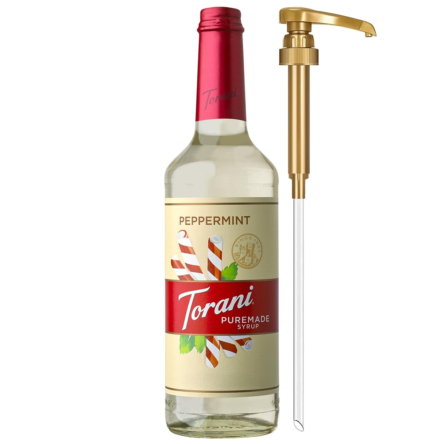 Torani Puremade Syrup Peppermint Flavoring for Drinks Glass Bottle with Pump Included 25.4 Fl Oz