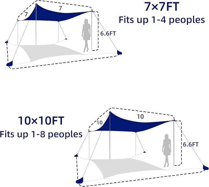 UMARDOO Family Beach Tent Canopy Sun Shade Portable 7×7FT, Large Wind Resistance Beach Sun Shelter Easy Setup with Packable Carry Bag for Outdoor Travel UPF 50+(Blue)