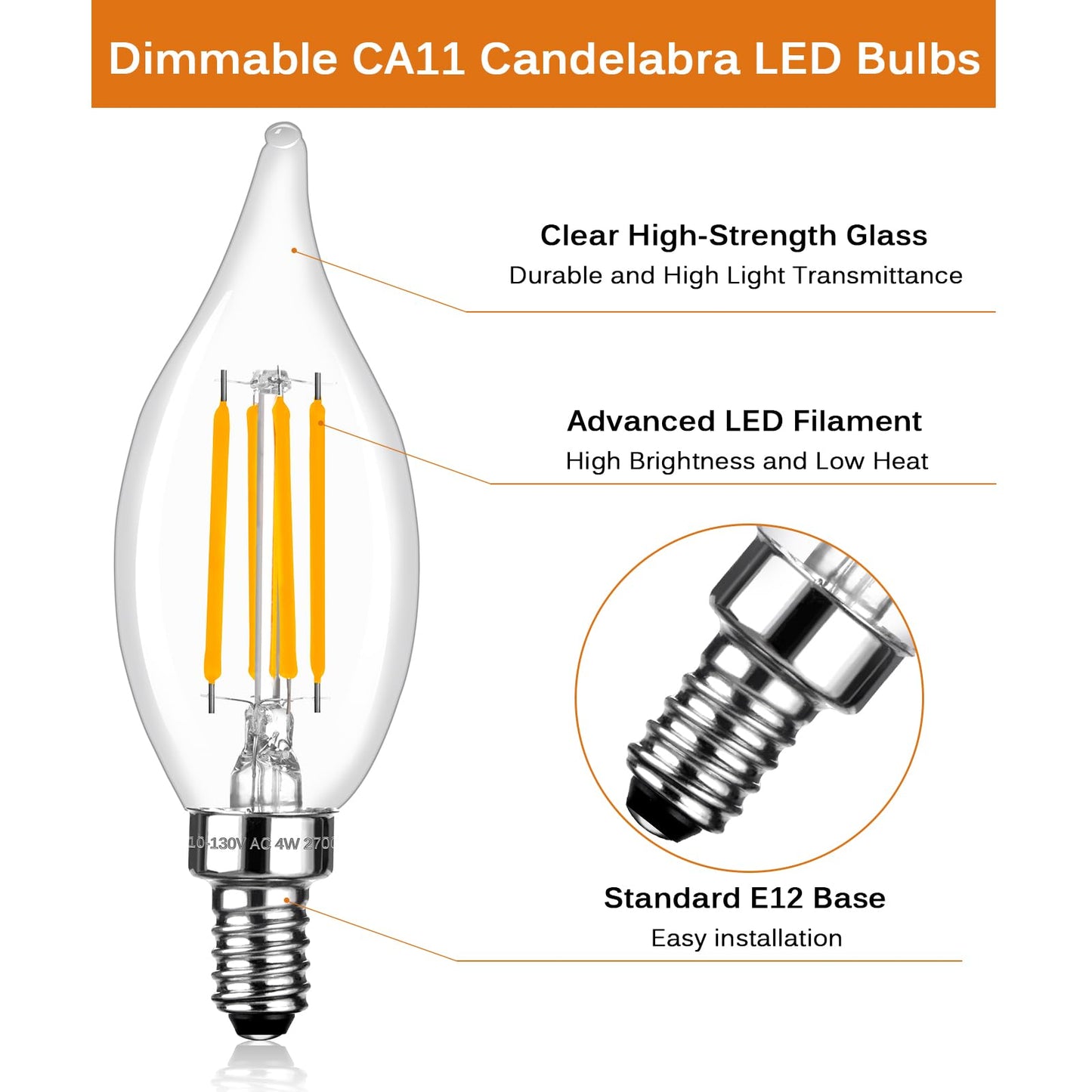 Brtstiun E12 Candelabra LED Light Bulbs Dimmable 60 Watt Equivalent, CA11 6W 2700K Soft Warm White Chandelier Candle Bulb, Small Base Decorative Flame Tip Clear Bulbs for Bedroom, Kitchen, 12 Pack