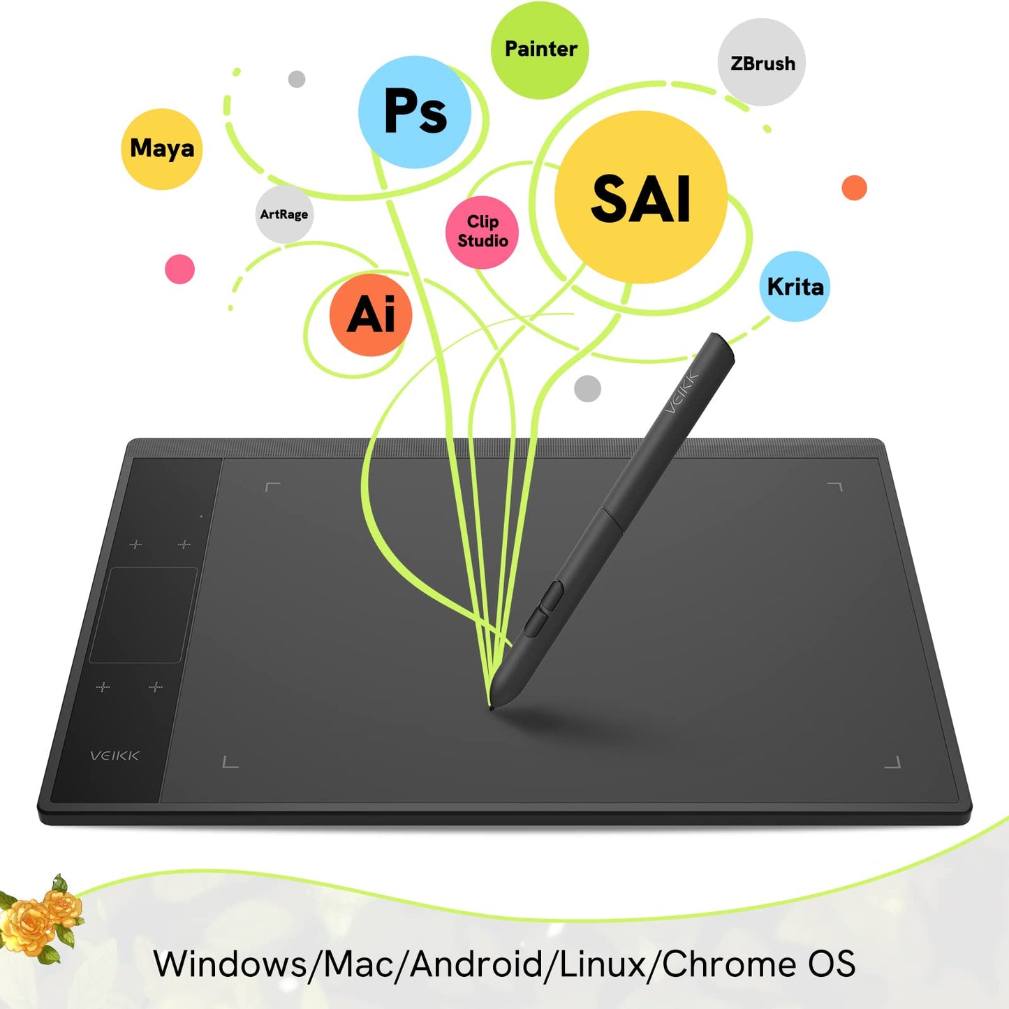 Veikk A30 Drawing Tablet, 10X6 Inch Graphics Tablet With 8192 Levels Battery-Free Stylus Pen, 4 Touch Keys, 1 Touch Pad, Compati