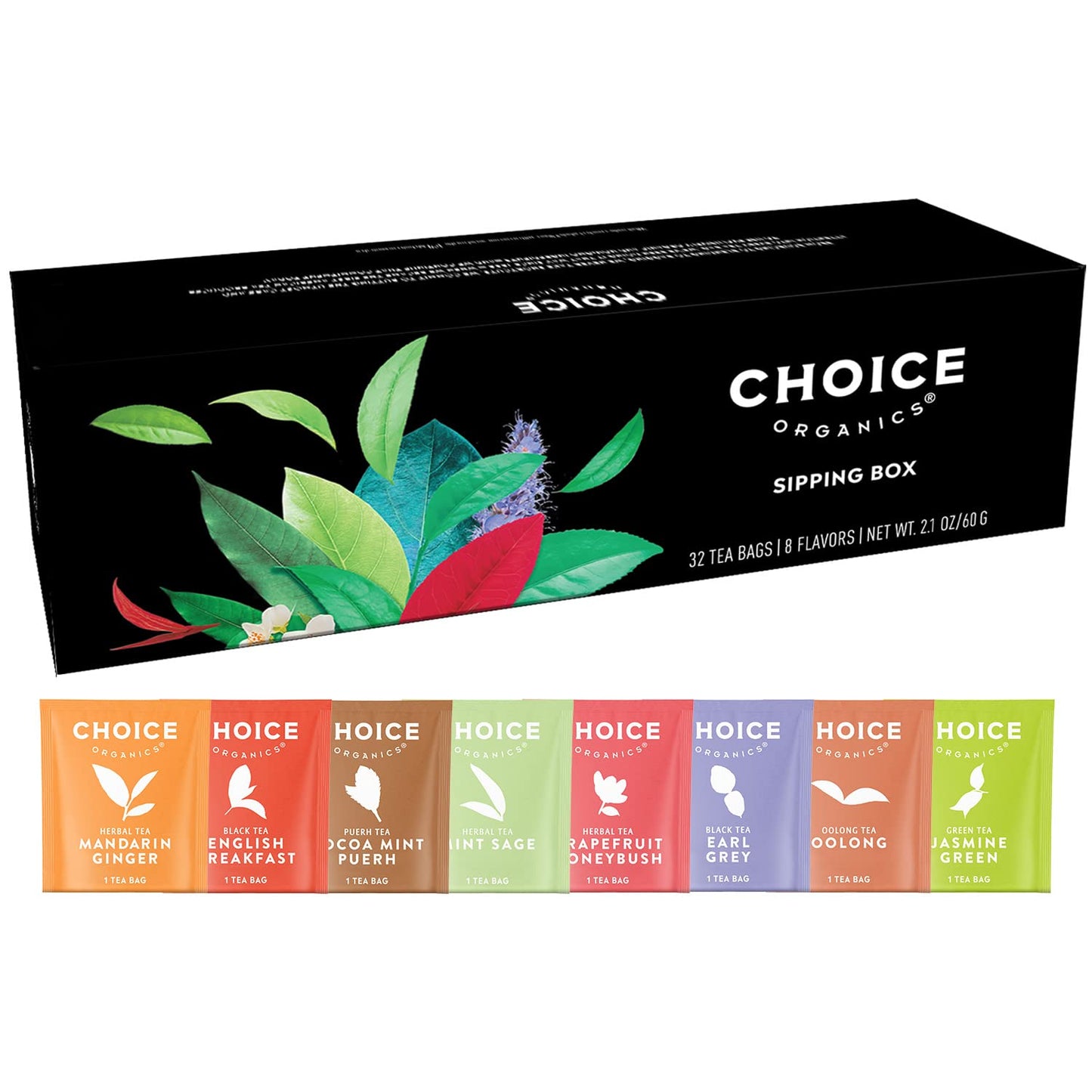 Choice Organic Teas Sipping Box Tea Sampler Variety Gift Box 32 Total Tea Bags 8 Flavors Caffeinated and Caffeine-Free Teas Sustainably Sourced Organic and Non-GMO Ingredients