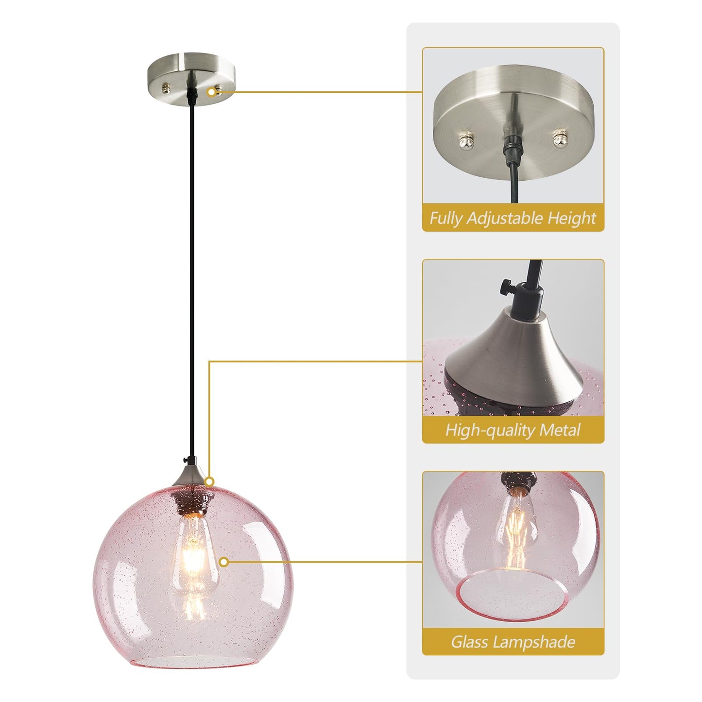 Lbsqj Pink Glass Pendant Lights Kitchen Island Globe Pendant Light Fixtures Modern Pendant Lighting For Bedroom Living Dining Room Light Fixture (9.84 In 1 Pack)