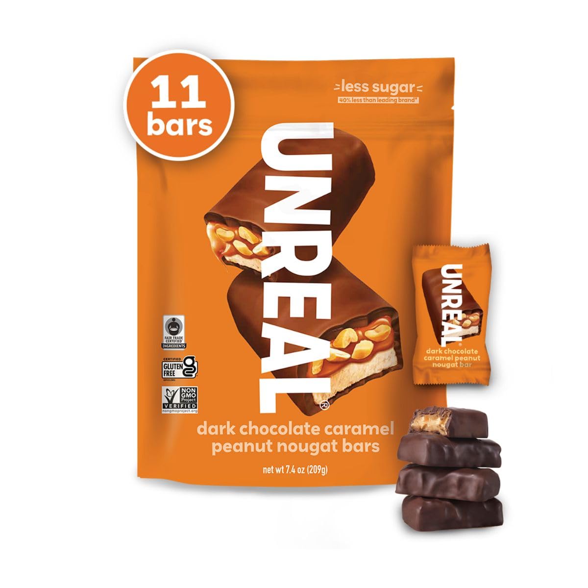 UNREAL Dark Chocolate Caramel Peanut Nougat Bars (1 Bag) 70% Organic Ingredients Fair Trade Non-GMO No Corn Syrup Sugar fermented-style flavors Soy 209grams
