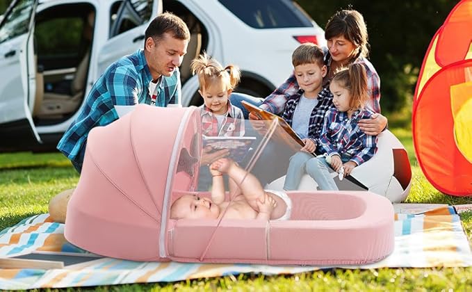 Todldler Baby Travel Bassinet Bed & Chair, Fold Out Sofa Couch Lounger with 2-1 Mosquito & Canopy, Foldable Portable Travel Cot with Foam Raised Safety Bumpers for Infant Toddlers 0-36 Months (Pink)