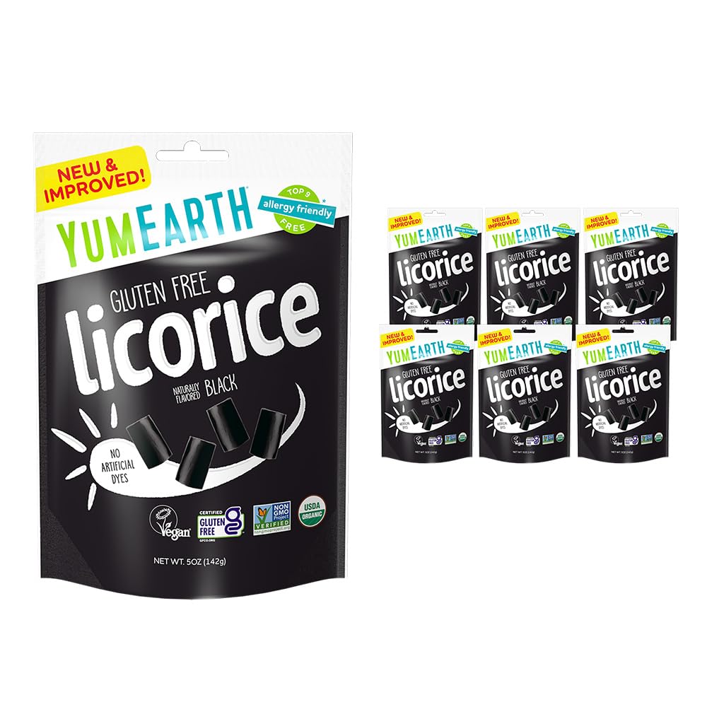 YumEarth Organic Gluten Free Black Licorice Snack Packs - Allergy Friendly, Gluten Free, Non-GMO, Vegan, No Artificial Dyes - 5