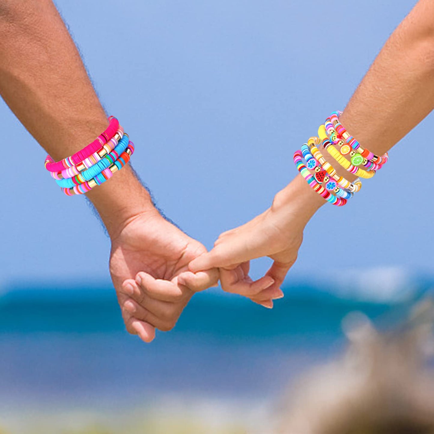 FAERLIIRY 17Pcs Beaded Bracelet Heishi Stretch Bracelets for Woman Preppy Bracelets Fruit Beaded Bracelet Colorful Beach Surfer