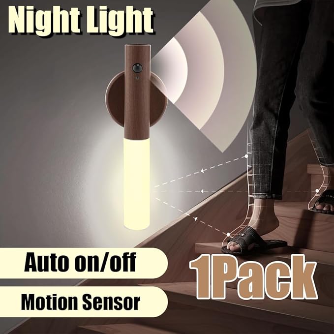 LANDGOO LED Nursery Night Light, Body Motion Sensor Nursing Lamp, Rechargeable Battery Powered Magnetic 360° Portable Lighting for Bedroom Bathroom, Walnut Wood 2Pcs