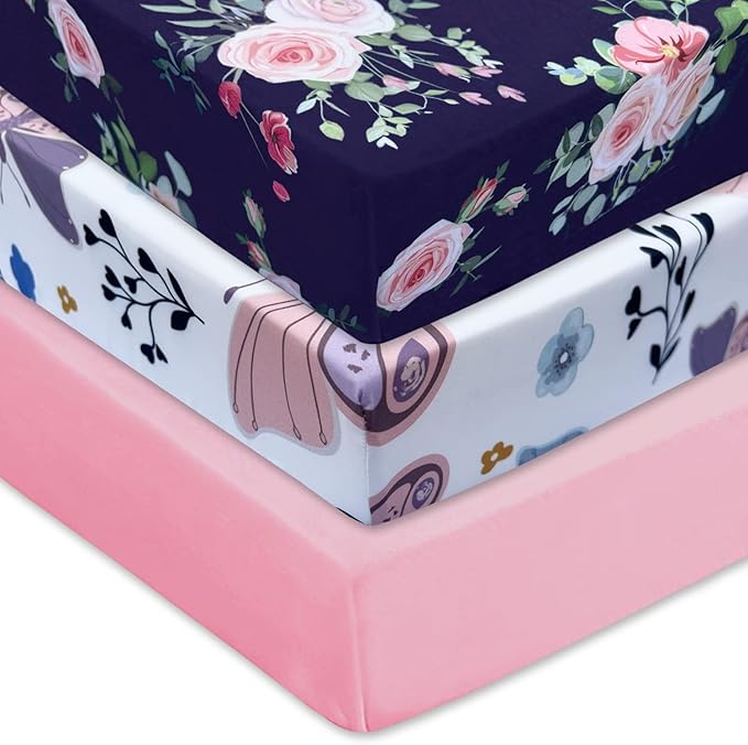 AMROSE 3 Pack Heavenly Soft Crib Sheets for Baby Girls, 28'' X 52'' Fitted Sheets for Crib and Toddler Mattress Pad, Silk Touch Gentle Breathable Microfiber, Floral & Butterfly