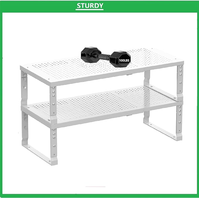 Metal Stackable Expandable Storage Shelf - Multi-Functional Home Storage Shelf, Suitable for Kitchen, Cabinet,Bathroom, Office, Garage, etc.(2PACKS/White/Medium
