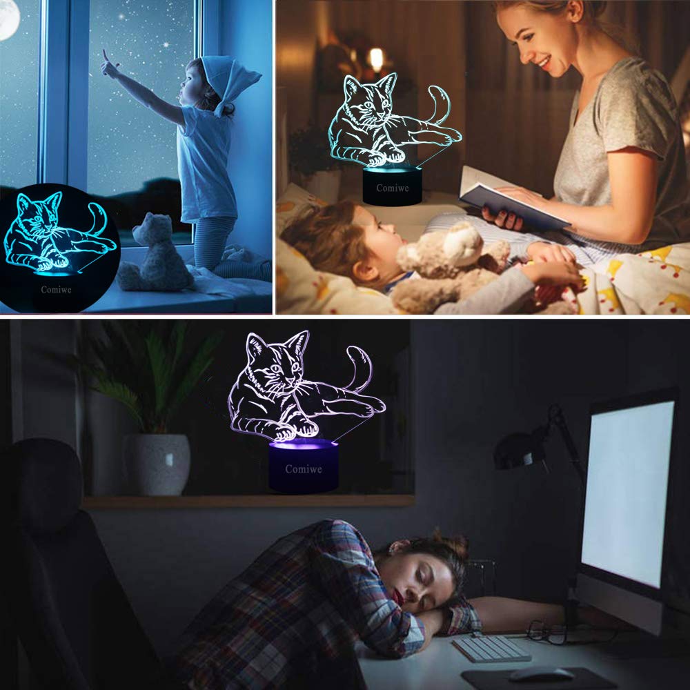 Comiwe 3D Illusion Cat Night Light, 16 Colors, Smart Touch & Remote Control, Acrylic Home Decor Lamp