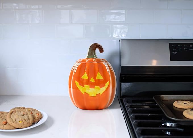 Dolomite Ceramic 10.5 x 7.9 Halloween Cookie & Candy Jar with Airtight Lid: Perfect for Kitchen Canisters, Pet Treat Containers & Fall Decorative Candy Dish, Pumpkin Jack-O-Lantern