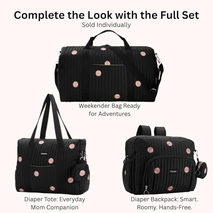 Large Diaper Bag Tote, Maternity Hospital Travel diaper tote, Multifunction baby bag, Baby Nappy Bags, Messenger bag (Medium - Black Flowers)