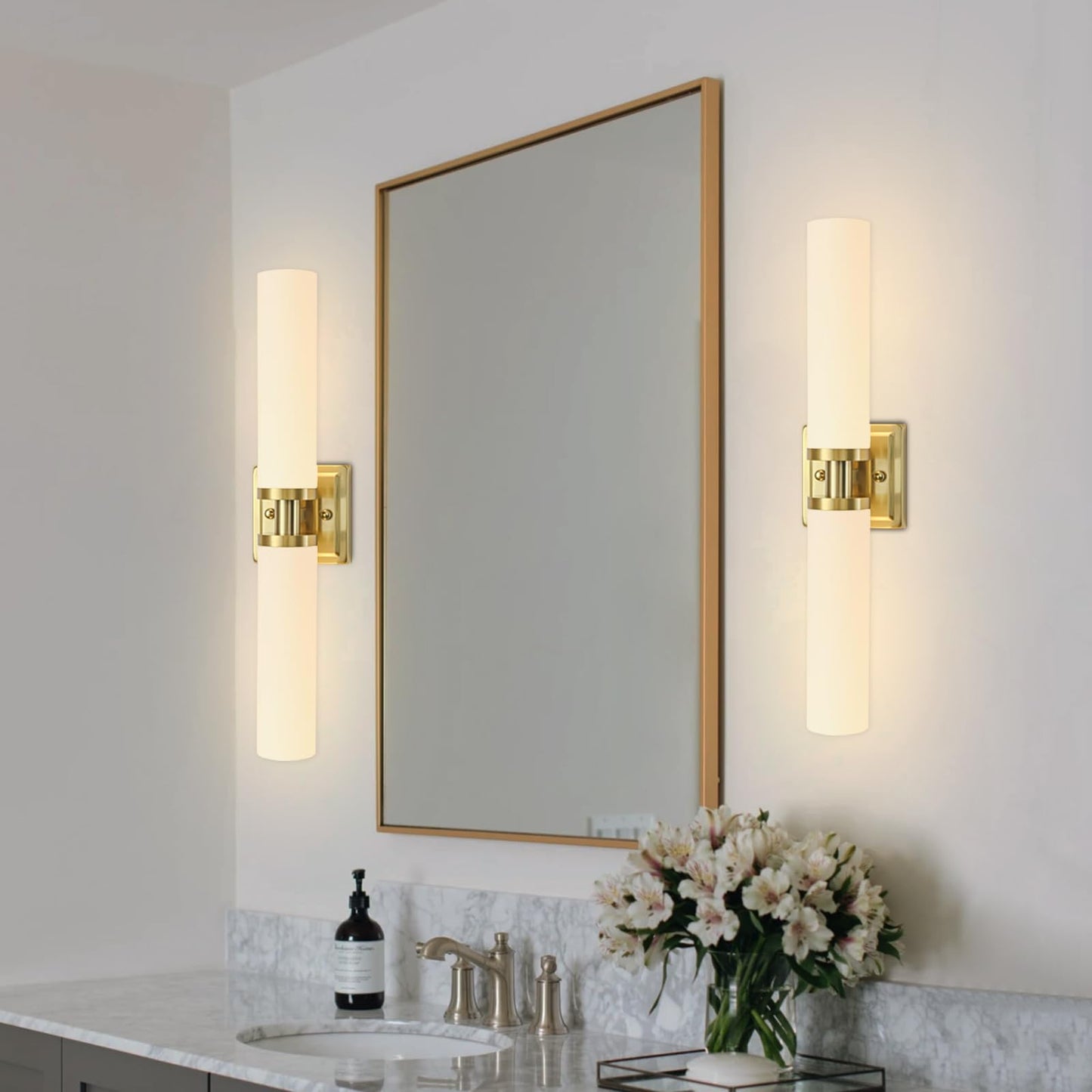 Gold Wall Sconces Set Of Two Bathroom Sconces With Frosted Glass Shade Modern Vanity Sconces Lighting Over Mirror Wall Light Fixtures For Living Room Bedroom Hallway (Bulbs Not Included)