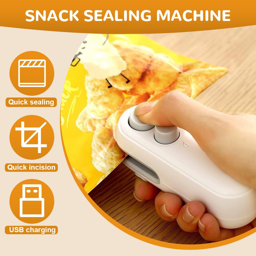 2026 Upgraded Mini Bag Sealer, 2 in 1 Mini Bag Sealer with Cutter and Magnet, Rechargeable Mini Bags Sealer Portable Resealer Machine for Snack Plastic Bags Food Storage Travel (White + Black)