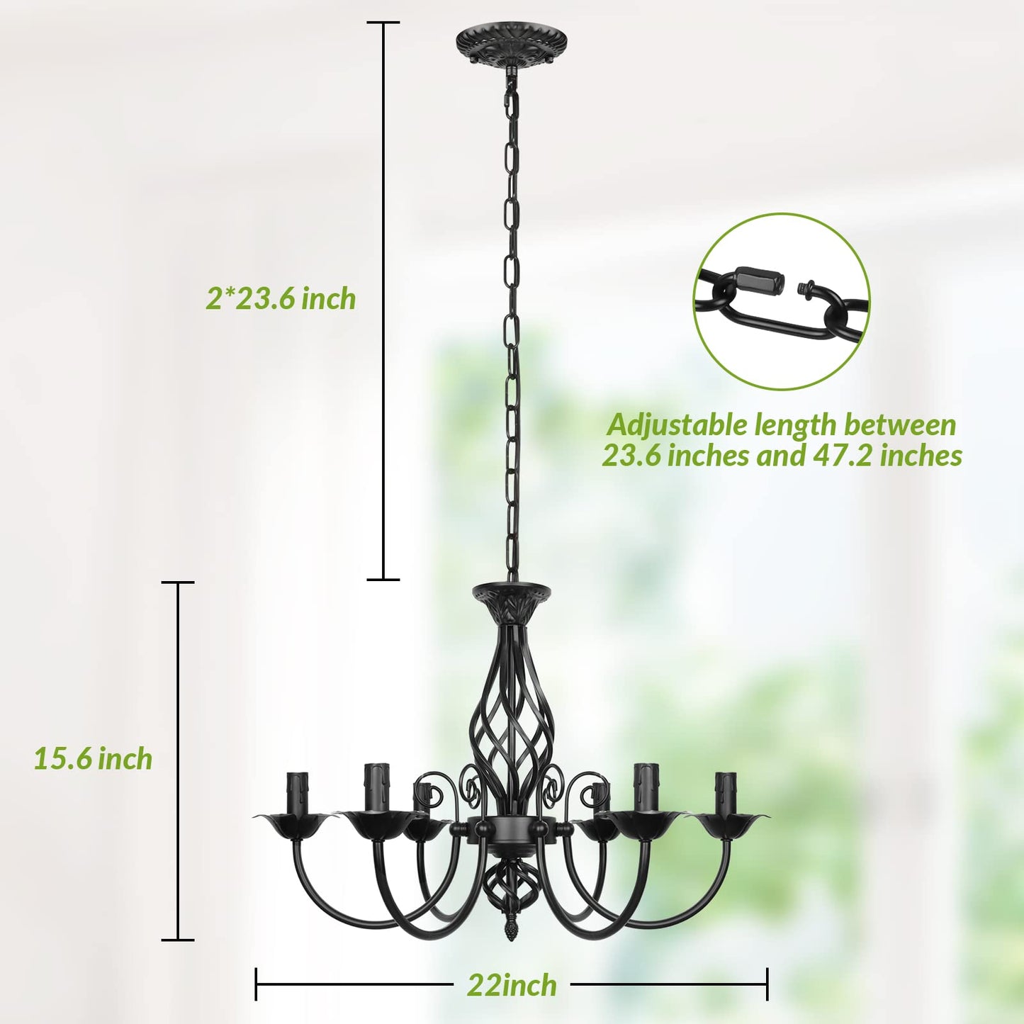 VerRon 6-Light Candle Chandelier, Rustic Industrial Pendant Light, Metal, 22in, Matte Black, Model JP21503