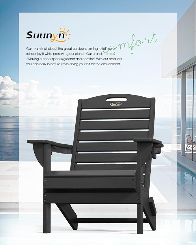 Folding Adirondack Chair HDPE All-Weather Adirondack Chairs with Cup Holder, Outdoor Fire Pit Chairs Lawn Chair for Deck Patio Garden (Black)