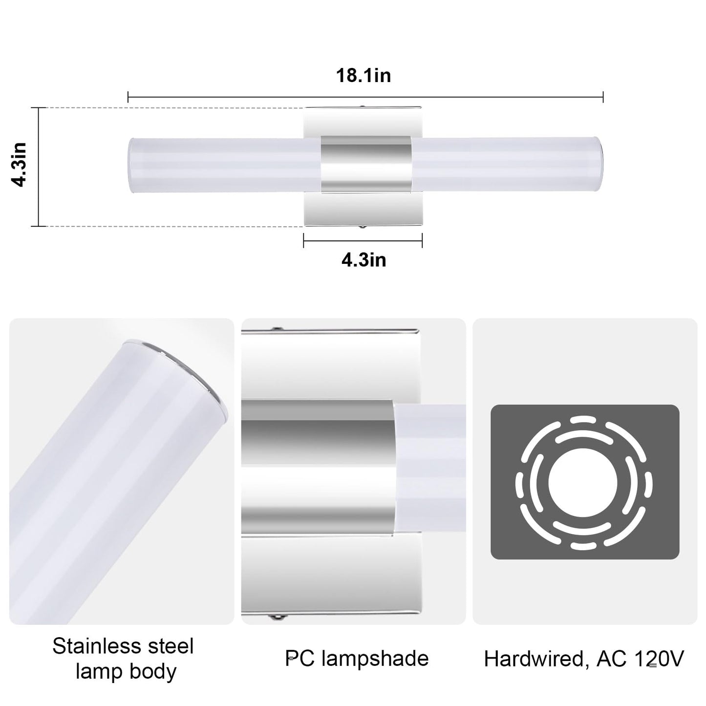 TRLIFE Modern Bathroom Vanity Light, 10W LED, Dimmable, 18.1inch, Stainless Steel, 3 Color Temperature, Model Vanity-3Co-46L