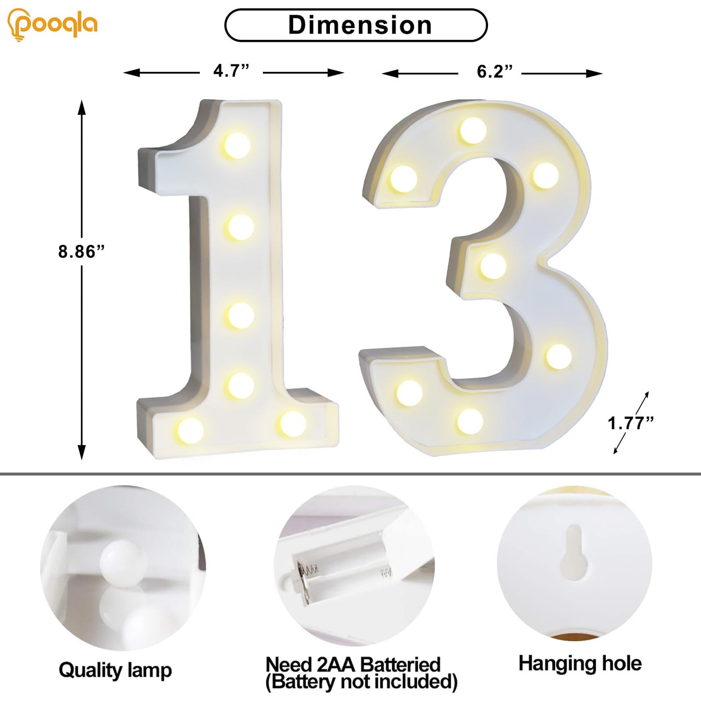 Pooqla LED Number 13 Decoration, Warm White & Cool White, Plastic Marquee Sign for 13th Birthday and Wedding Anniversary Party