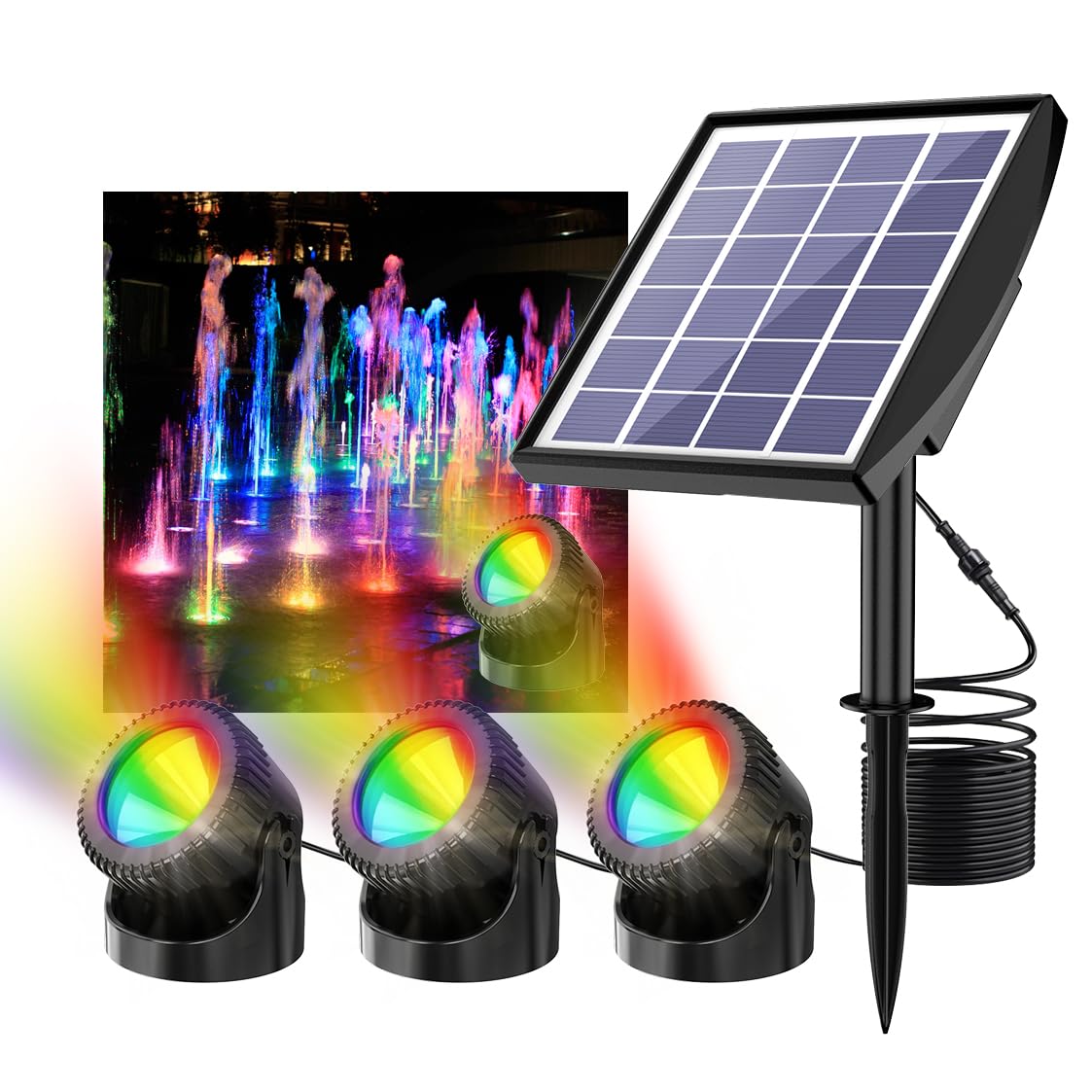 RGB Solar Pond Lights, 13 Lighting Modes Submersible LED Fountain Lights, Smart Auto ON/Off Color Changing Pond Light with IP68