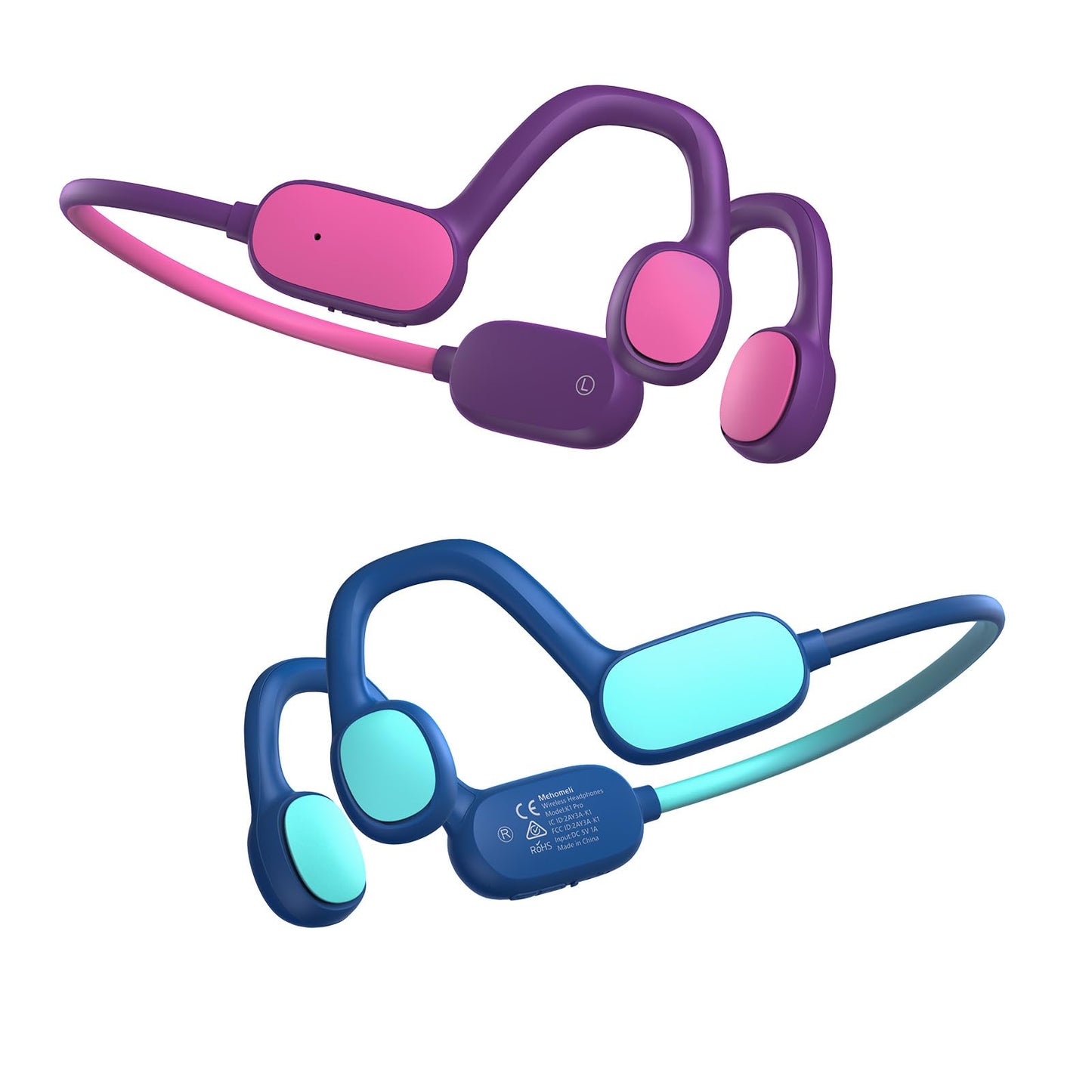 Mehomeli 2 Pack Kids Headphones Bluetooth 5.2 Air Conduction Open Ear Headphones 85dB Volume Limiting Stereo Sound with Mic IPX5 Waterproof 20H Playtime-Blue Purple-New