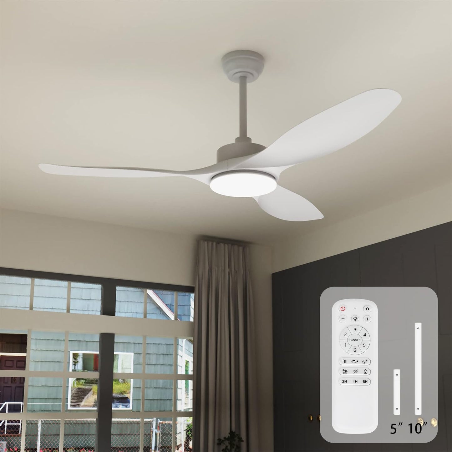 Wozzio 52 Inch Ceiling Fans with Lights Remote Control,White Sloped Mount Ceiling Fan 22W Dimmable LED Light,3 Reversible Blades