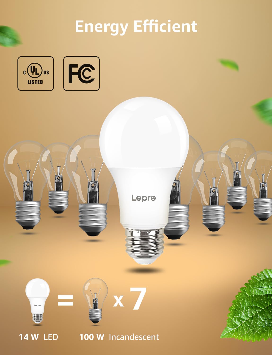 Lepro Dimmable LED Light Bulbs, 100W Equivalent, 14W, 1500LM, Warm White, A19 E26, 6 Pack, UL FCC Listed,