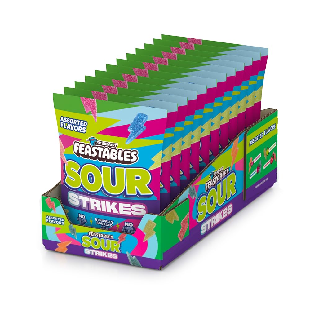 Feastables Mrbeast Strikes Sour Candy Mixed Gummies With Watermelon Green Apple Strawberry and Raspberry Flavors Candy for mature-themeds & Kids as Snacks or Dessert Made With Fairtrade Sugar 12CT