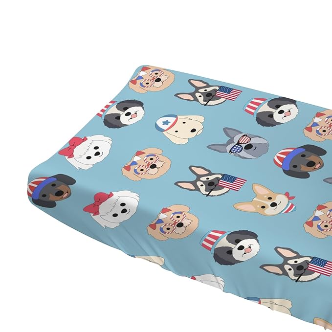 Cute Patriotic Dogs Baby Changing Pad Covers for Boy Girl 32''x16'' 4th of July Puppies Flags Fitted Diaper Change Table Pad Sheets Dogs Lovers Gift Soft Breathable Nursery Baby Changing Table Mats