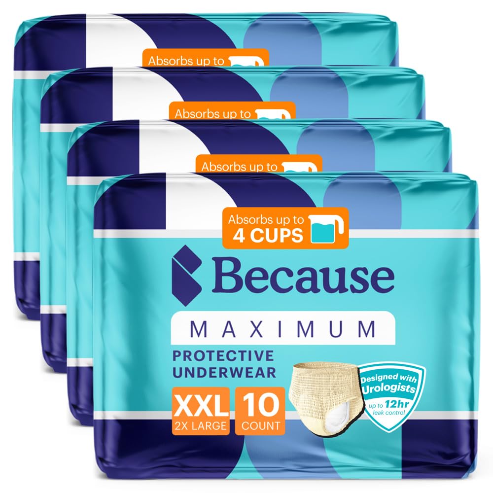 Because Premium Maximum Plus Adult Incontinence and Postpartum Bladder Leak Underwear for Women, Maximum Absorbency, Disposable, Beige, XXLarge, 40 Count (4 Packs of 10)