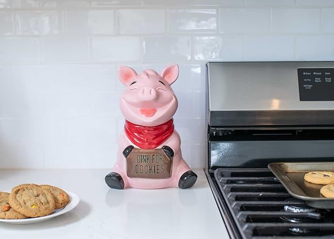 Dolomite Ceramic 10.4 x 7.6 Everyday Cookie & Candy Jar with Airtight Lid: Perfect for Kitchen Canisters, Pet Treat Containers & Decorative Farmhouse Storage, Pig Sign Oink