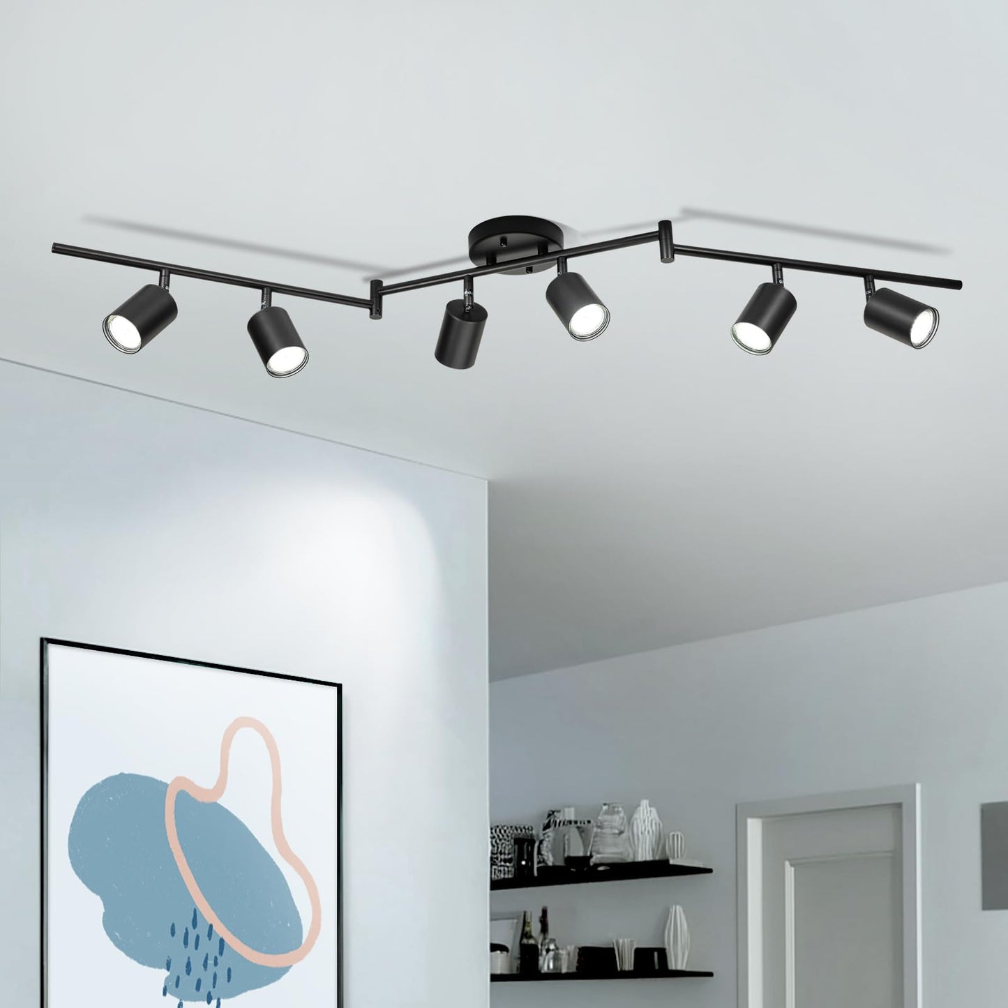 Fondiiz 6 Ways Track Lighting, Rotatable Heads Tracks Light, Track Lightings Fixtures Ceiling with Foldable Arms, Modern Black T