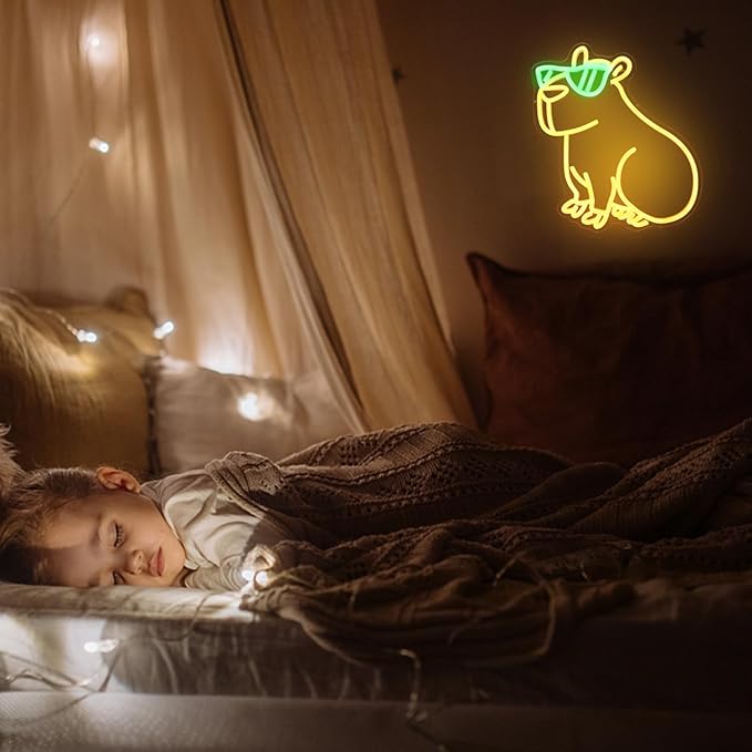 Cool Capybara Neon Sign Cute Animal with Glasses Yellow Green LED Signs for Wall Cartoon Neon Lights for Bedroom Capybara Neon Night Light for Children's Room Party Decor Birthday Gifts