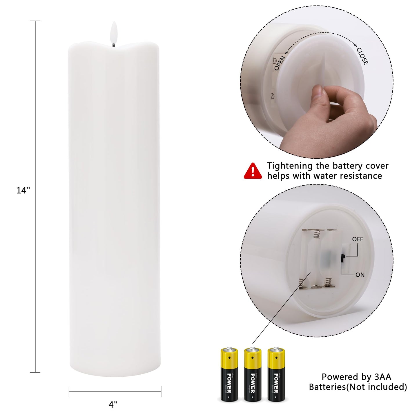 AFINETH 4" x14" Outdoor Candles with Timer Waterproof Large Flickering Flameless Candles with Remote Tall White Pillar Candles for Indoor Outdoor Use, 1Pack