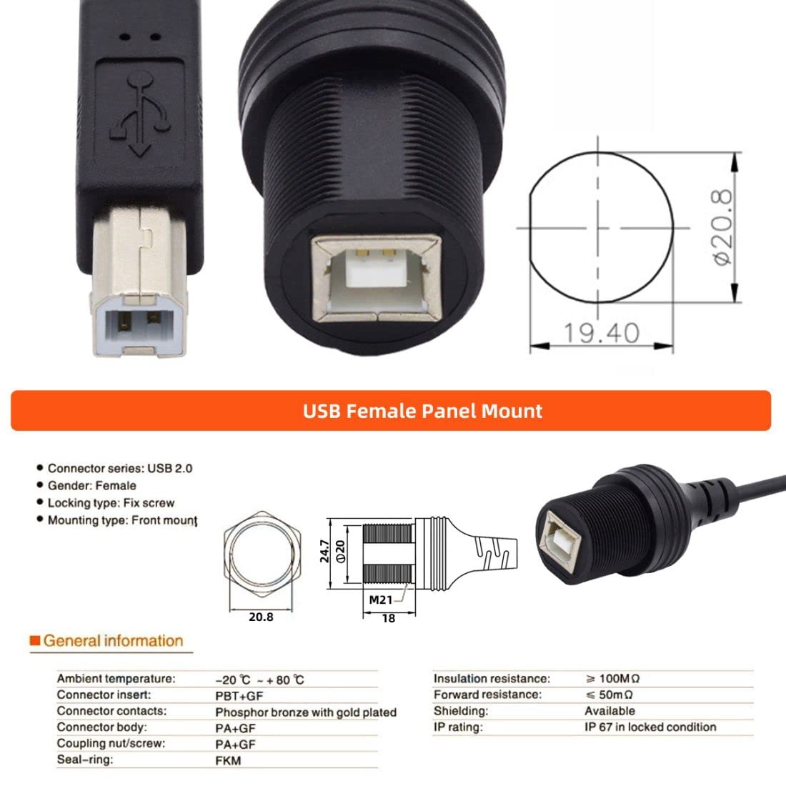 Chenyang Usb 2.0 Type B Printer Scanner Flush Mount Male To Female Extension Cable For Car Dashboard Panel Mount Waterproof Dust
