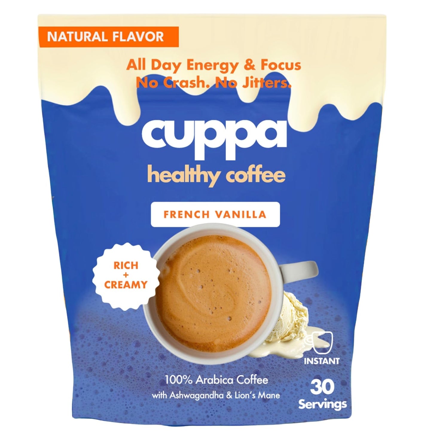Cuppa French VanillaHealthy Mushroom Instant Coffee with Lions Mane & Ashwagandha for All Day Energy & Focus - No Crash or Jitters - Nootropics for Brain Health Gut Health Immunity Stress Memory + Mood - 30 Servings