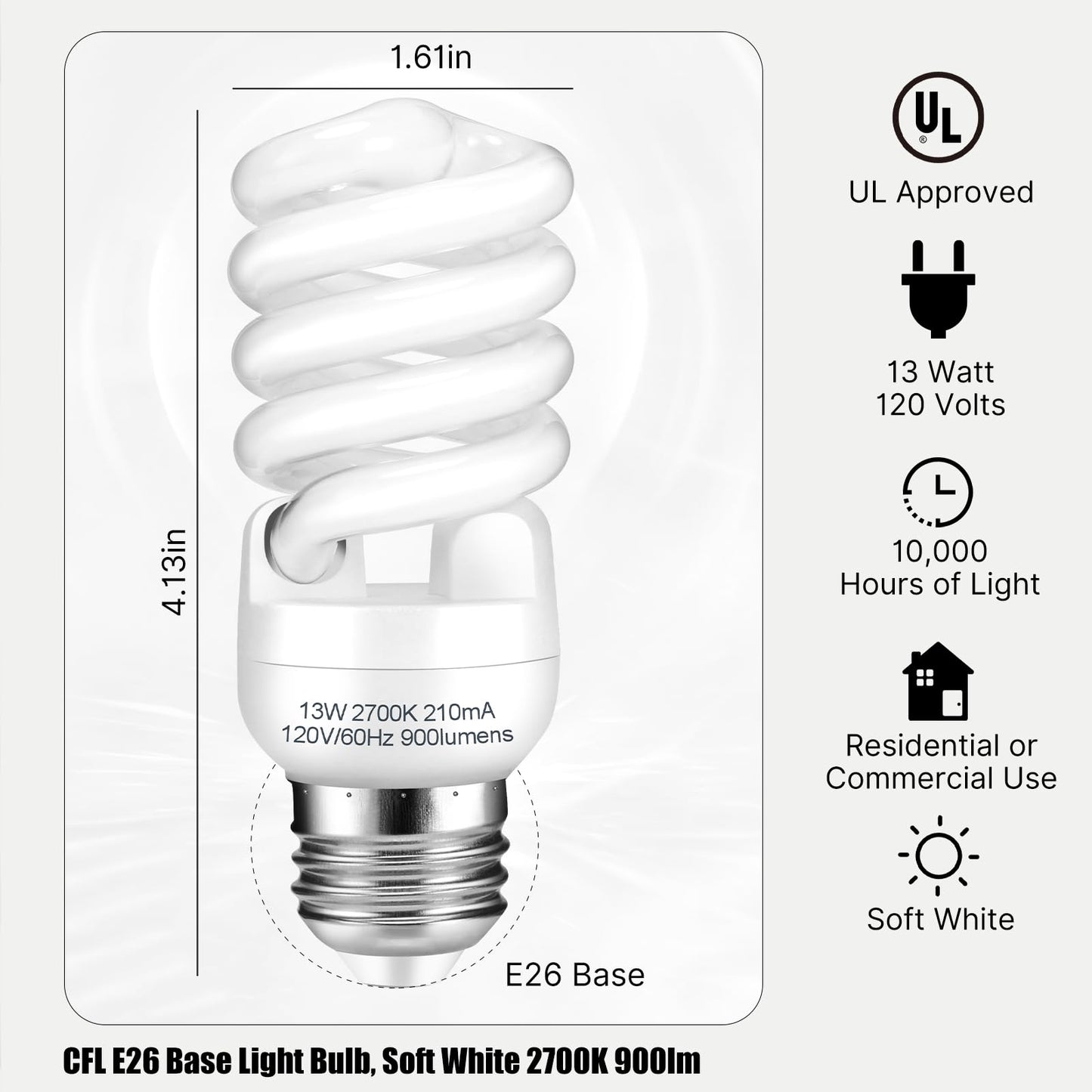 Barfelty CFL Light Bulbs E26 Base, T2 Spiral 13Watt (60Watt Equivalent) Soft White 2700K 900lm Compact Fluorescent Light Bulbs, UL Approved, 120v 60Hz, Self Ballasted CFL Bulbs, Pack of 2