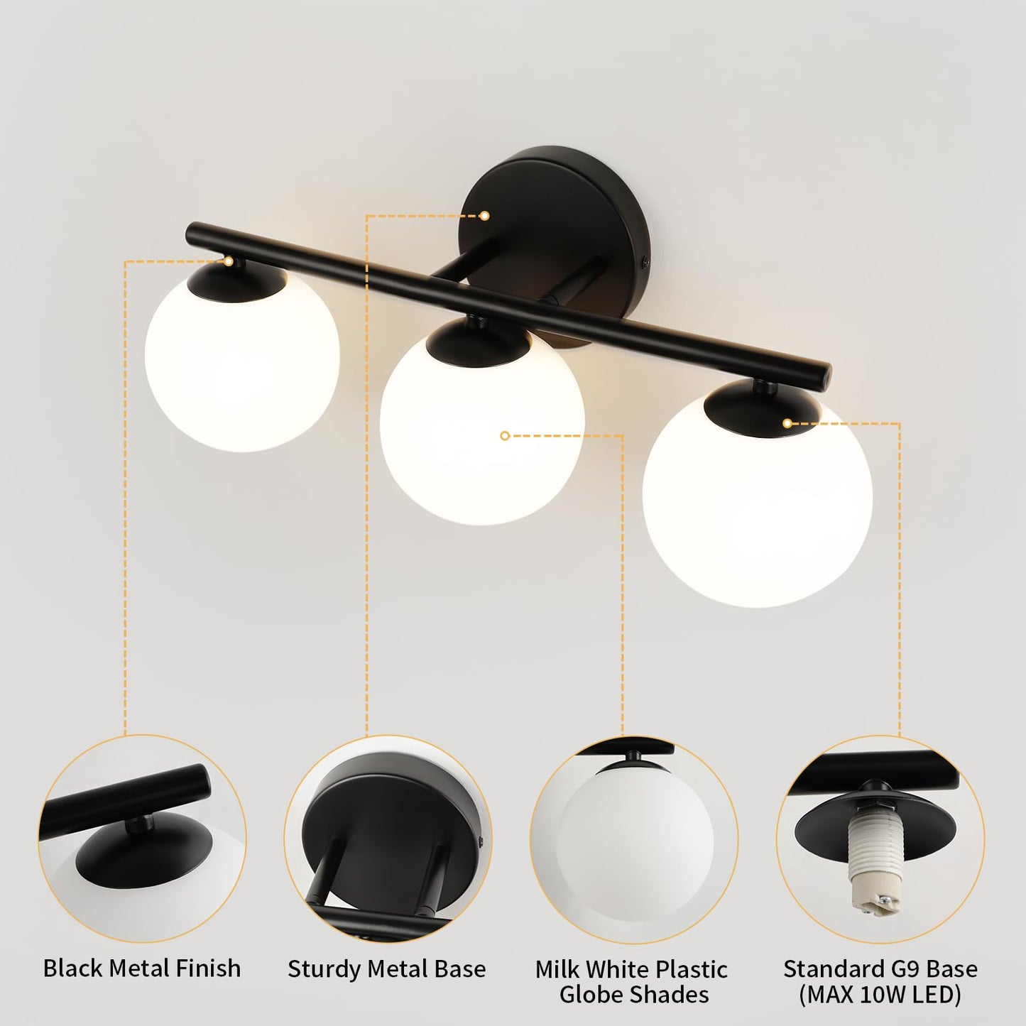 Foucasal Black Globe Bathroom Light Fixtures 3-Light Vanity Light With Plastic Milk White Globe Shades 11.81 Inch Wall Sconce Lighting Over Mirror Vanity Lights For Bathroom Bedroom Hallway