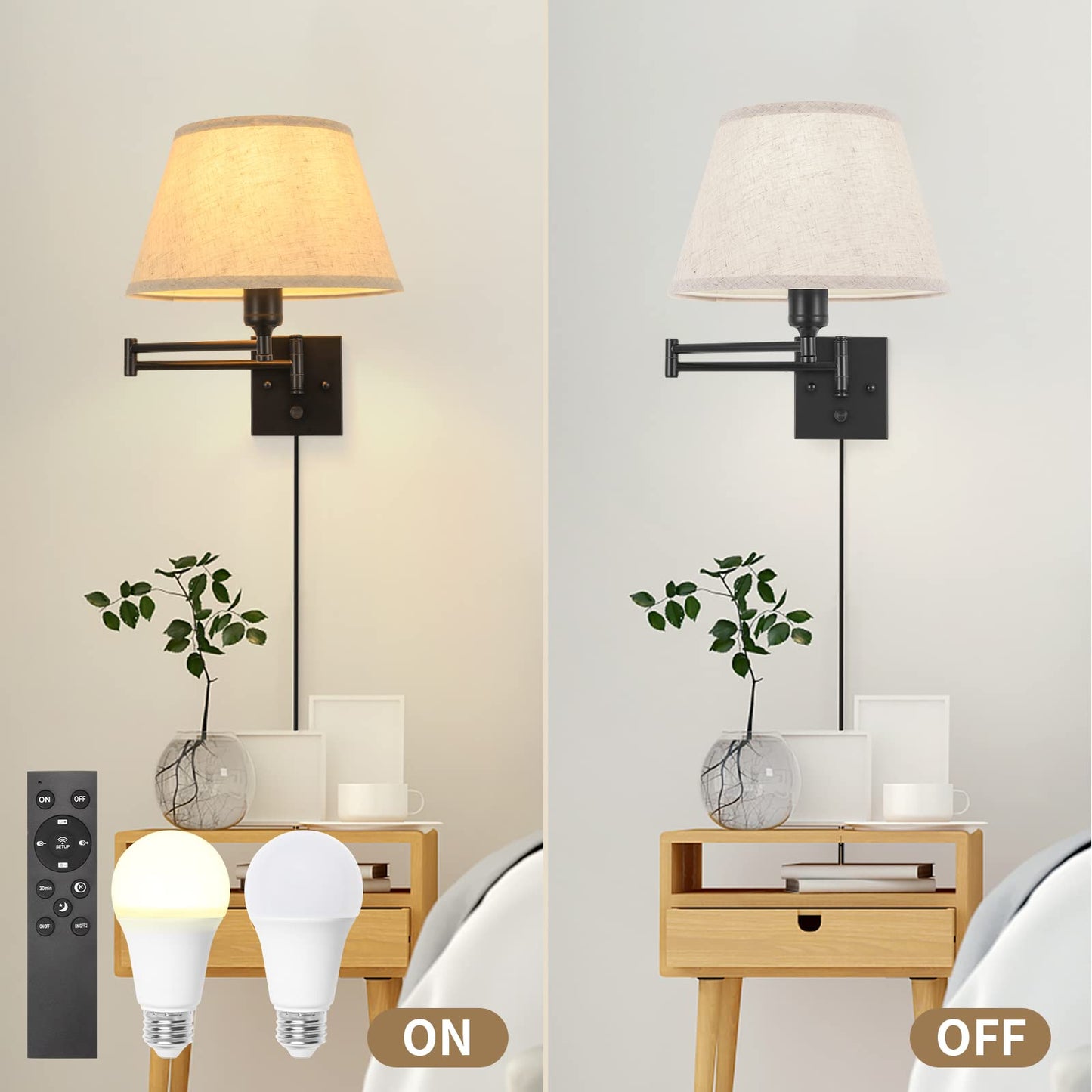 Trlife Wall Sconce, Remote Control Dimming 10-100%, 11.8 Large Beige Fabric Shade, Adjustable Color Temp 2700K-6500K, 2 Pack