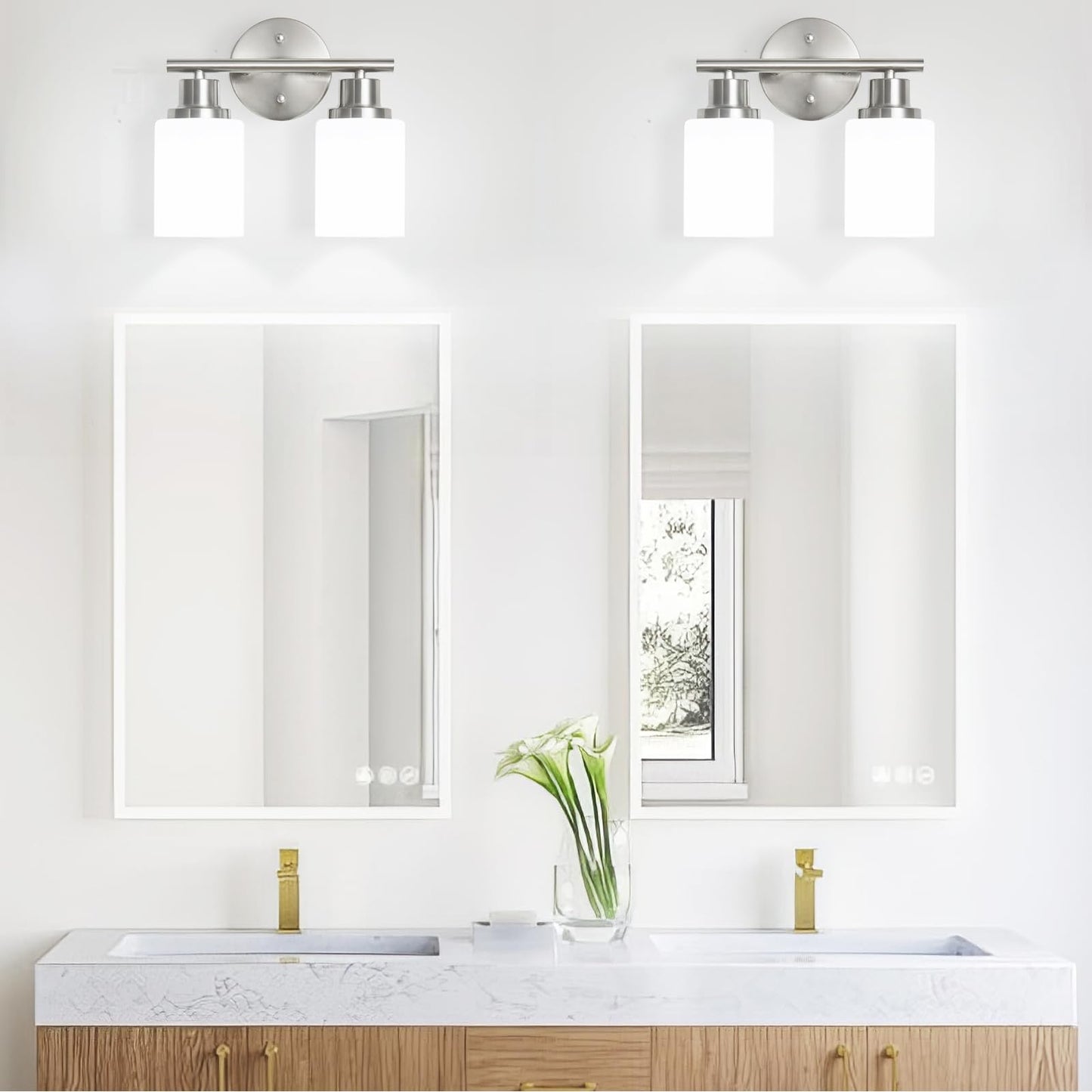 Guliaofo 2-Light Vanity Lights Brushed Nickel Bathroom Light Fixture With Striped Textured Milky White Glass Shade E26 Modern Vanity Lighting Fixture For Bathroom Wall Sconce Light Over Mirror