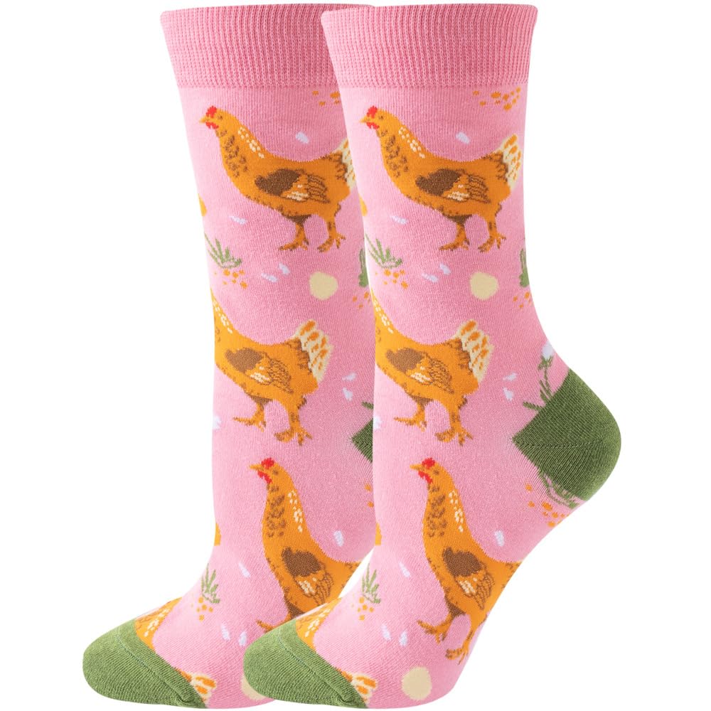 Angelteers 5 Pairs Cute Animal Crew Socks Fun Casual Cotton Calf Socks for Women (US, Alpha, One Size, Regular, Regular, Chicken)